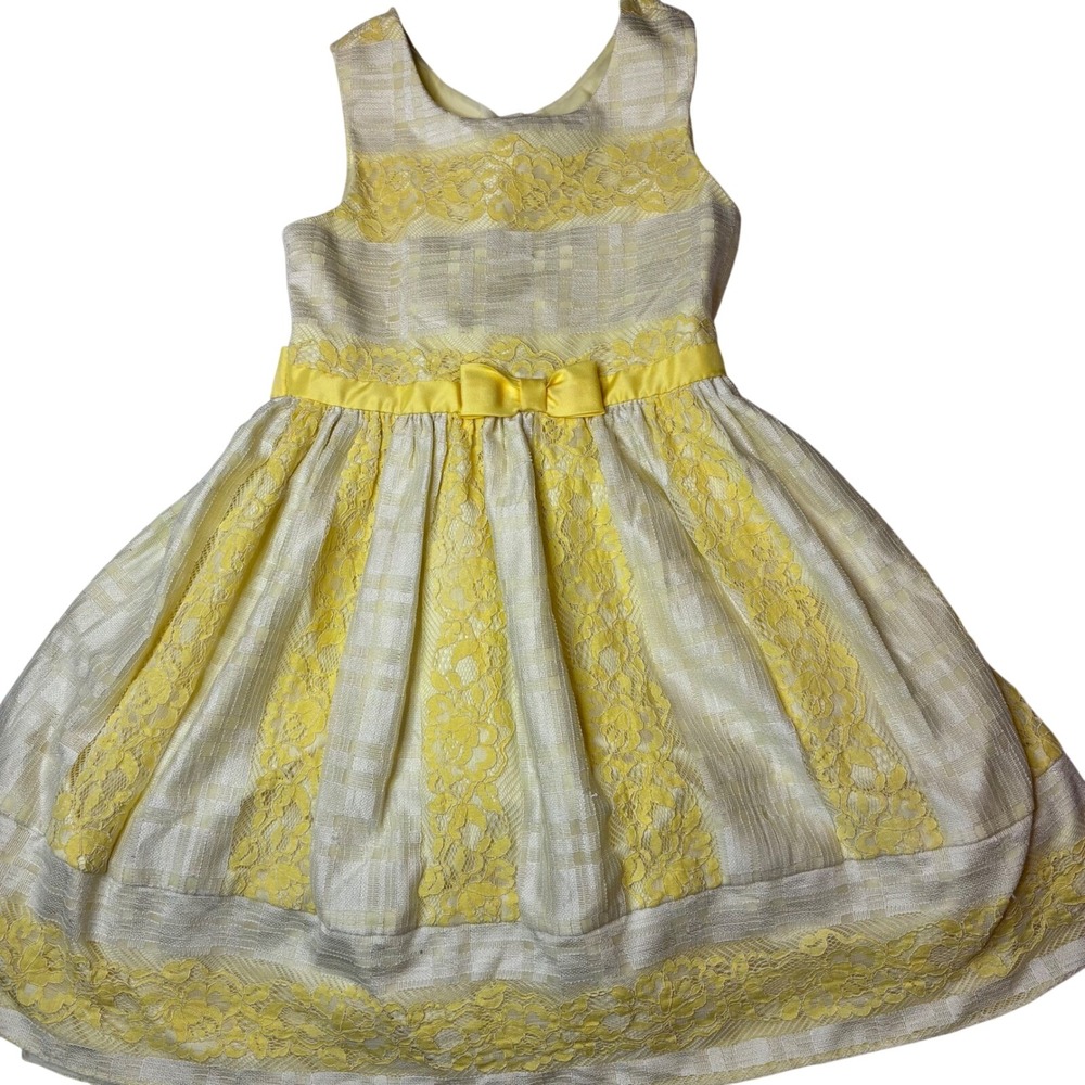 Jona Michelle Girls Yellow Lace Plaid Sleeveless Bow Dress Size 7 CO4214